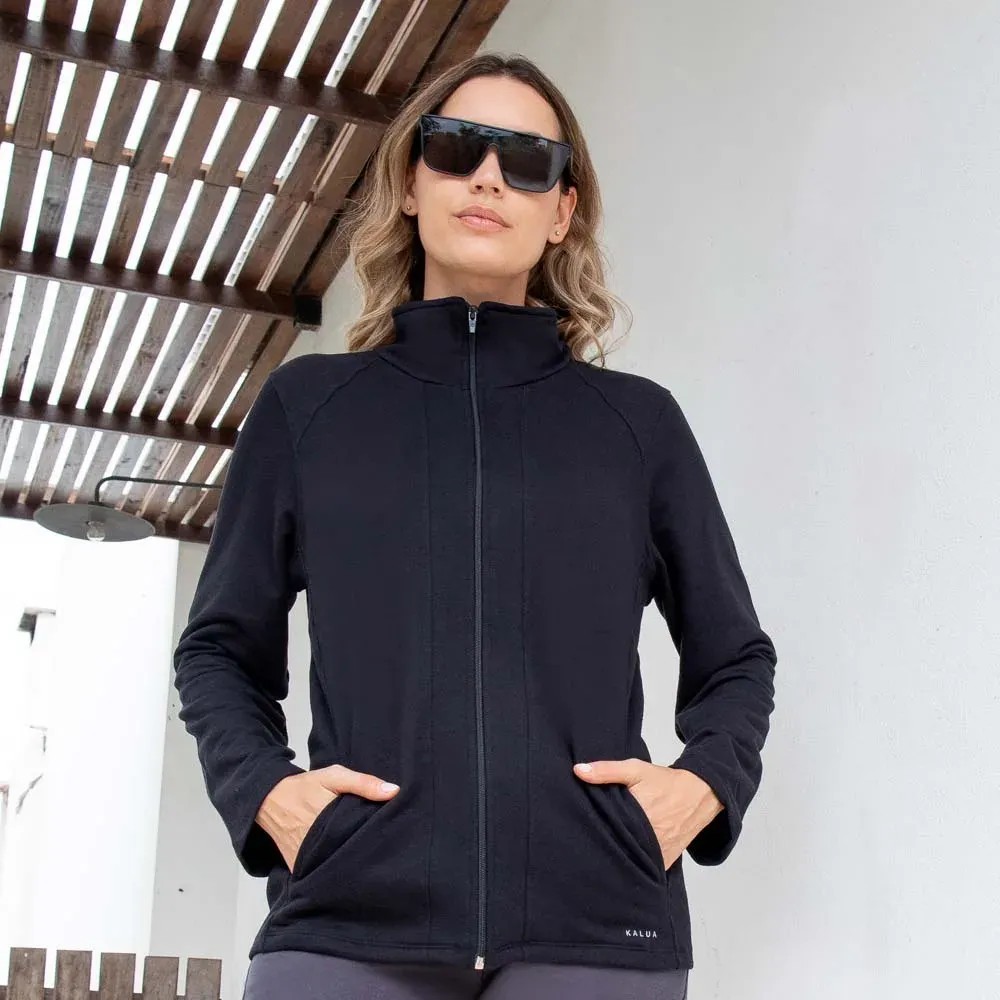 Campera básica de moletón con cierre, color negro