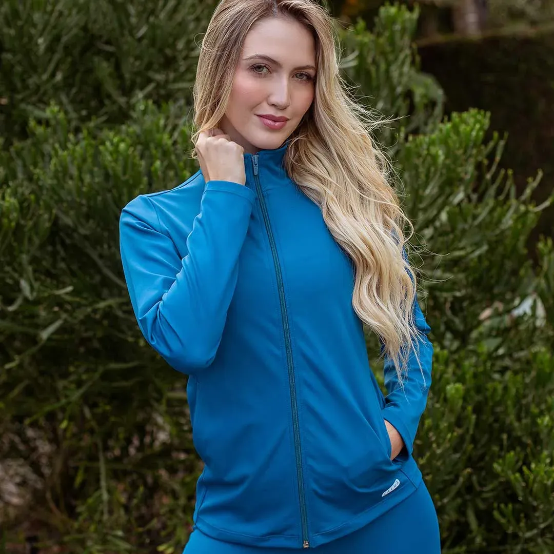 Campera de súplex low compression con cierre y bolsillos, color azul petroleo