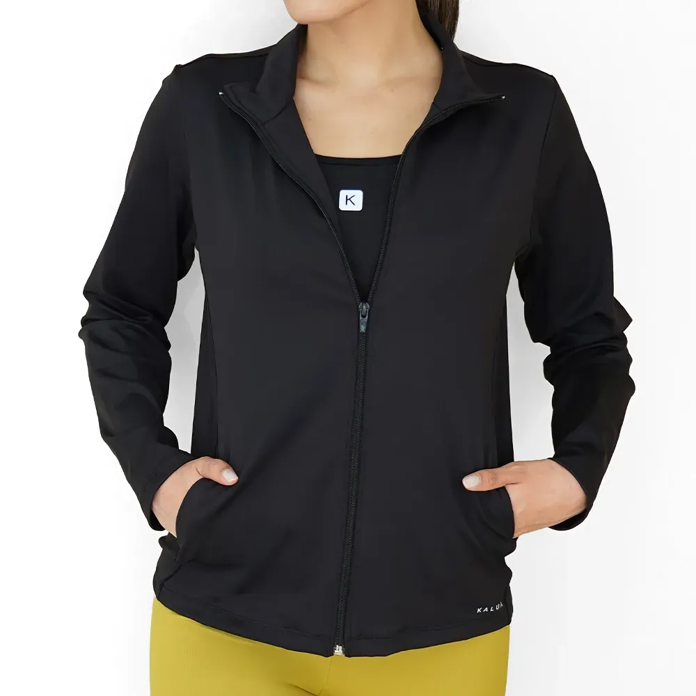 Campera de súplex low compression con cierre y bolsillos, color negro