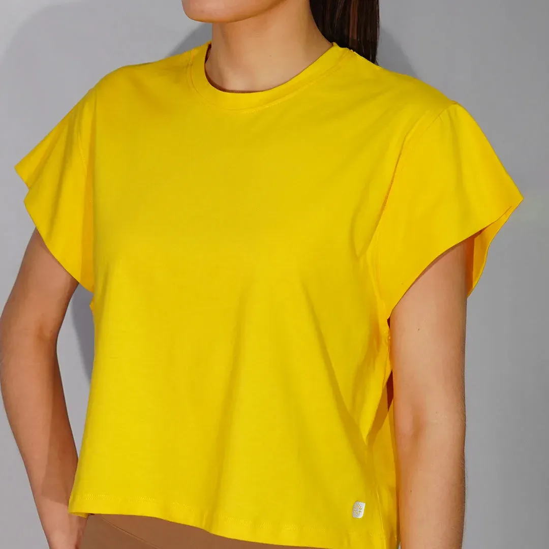Remera cropped de jersey de algodón de cuello redondo con mangas japonesas, color amarillo oscuro