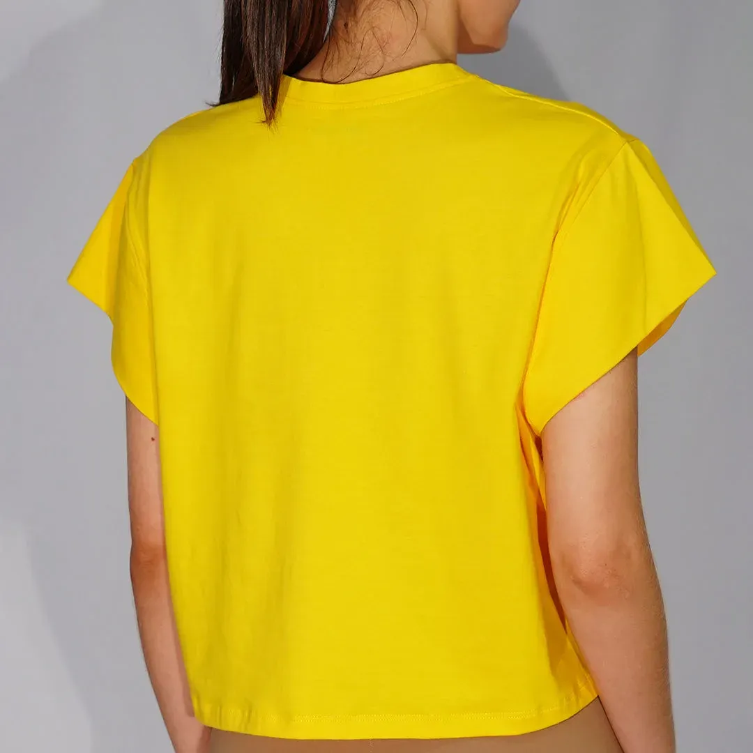 Remera cropped de jersey de algodón de cuello redondo con mangas japonesas, color amarillo oscuro