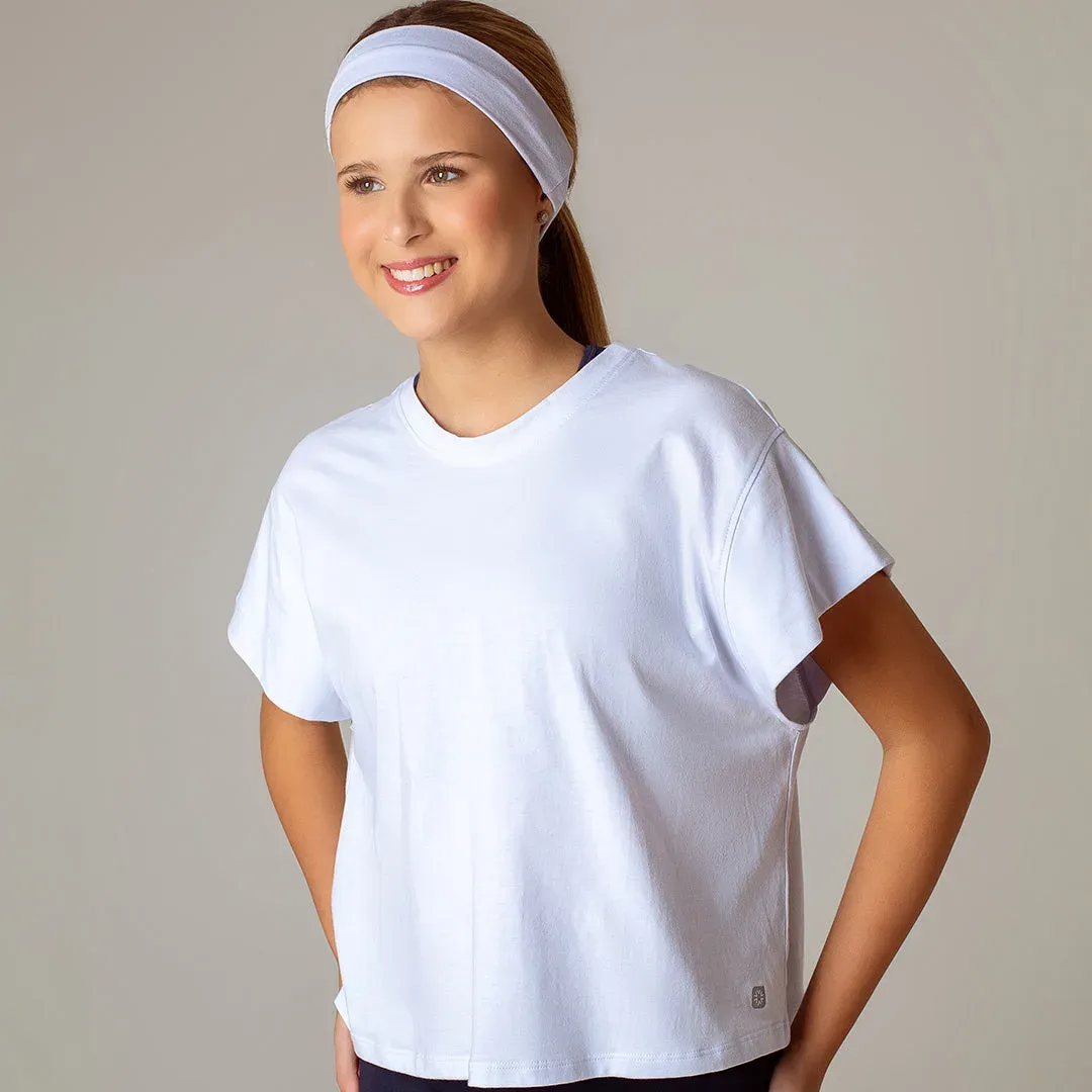 Remera cropped de jersey de algodón de cuello redondo con mangas japonesas, color blanco