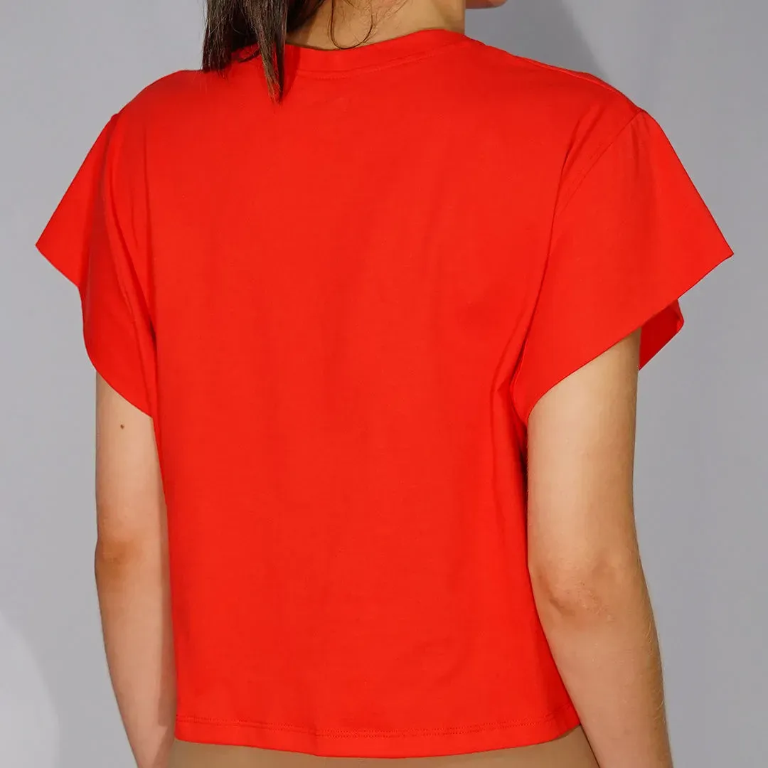 Remera cropped de jersey de algodón de cuello redondo con mangas japonesas, color rojo