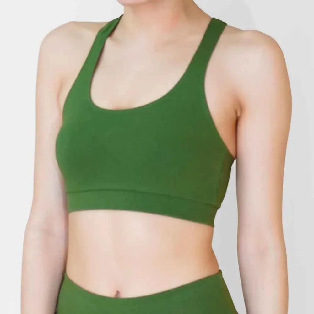 Top de lycra de algodón con espalda deportiva, color verde olivo oscuro