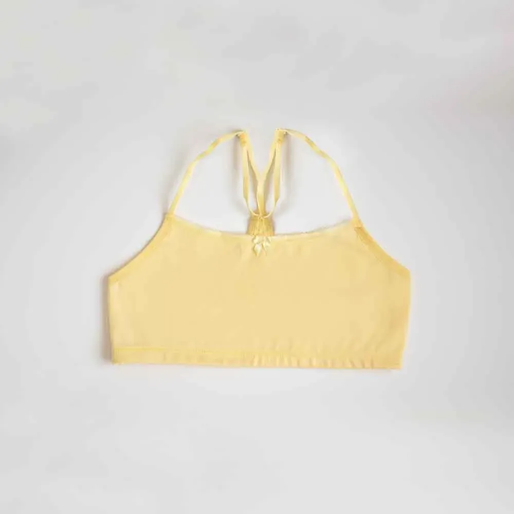 Top de lycra de algodón con puntilla y espalda cruzada, color amarillo