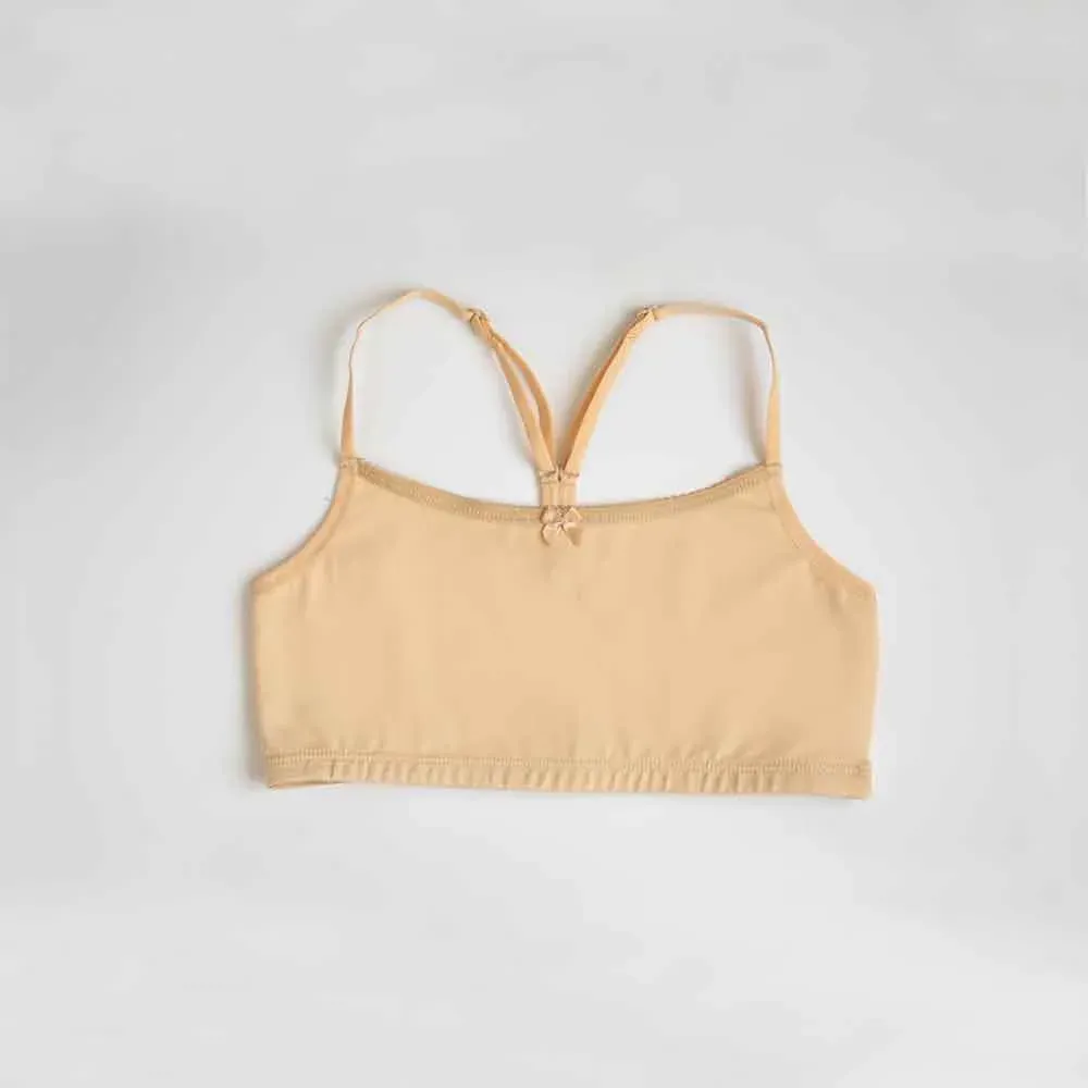 Top de lycra de algodón con puntilla y espalda cruzada, color beige claro