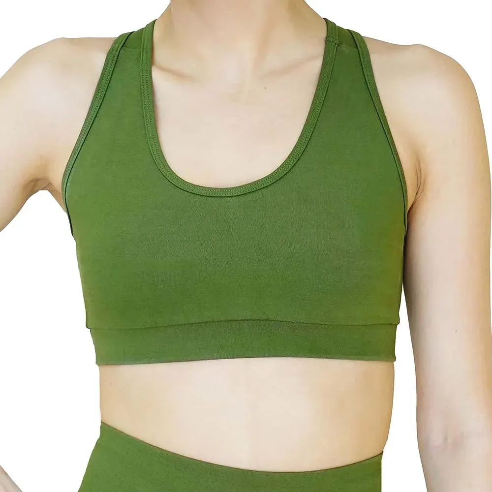 Top de lycra de algodón reforzado con tul, color verde olivo oscuro