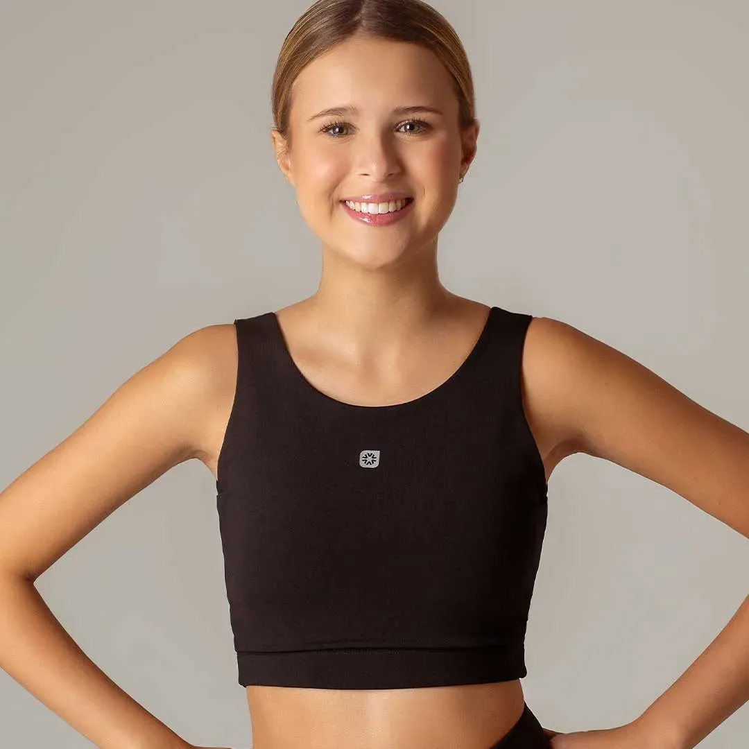 Top halter de súplex reforzado con tul con detalle en la espalda, color negro