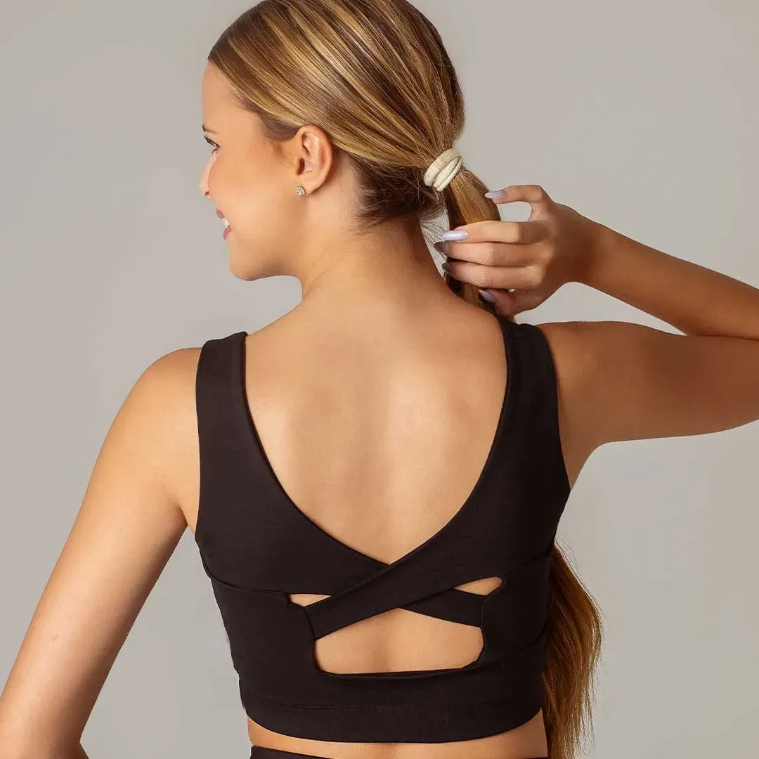 Top halter de súplex reforzado con tul con detalle en la espalda, color negro