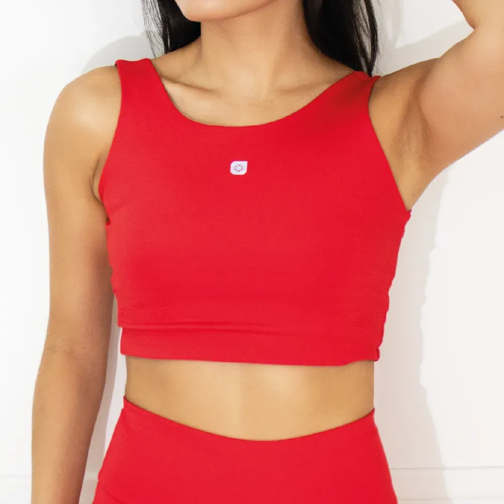 Top halter de súplex reforzado con tul con detalle en la espalda, color rojo